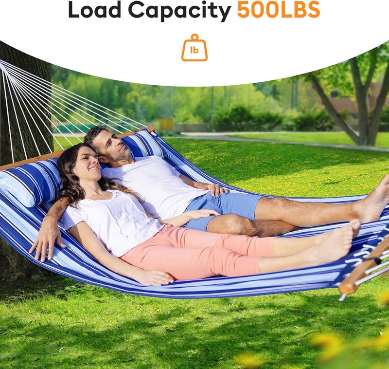 Everyfun Double Hammock with Spreader Bar,Soft Pillow,Max Load 500lbs,Portable Hammock for Outdoor,Camping,and Backyard,Blue - Image 2